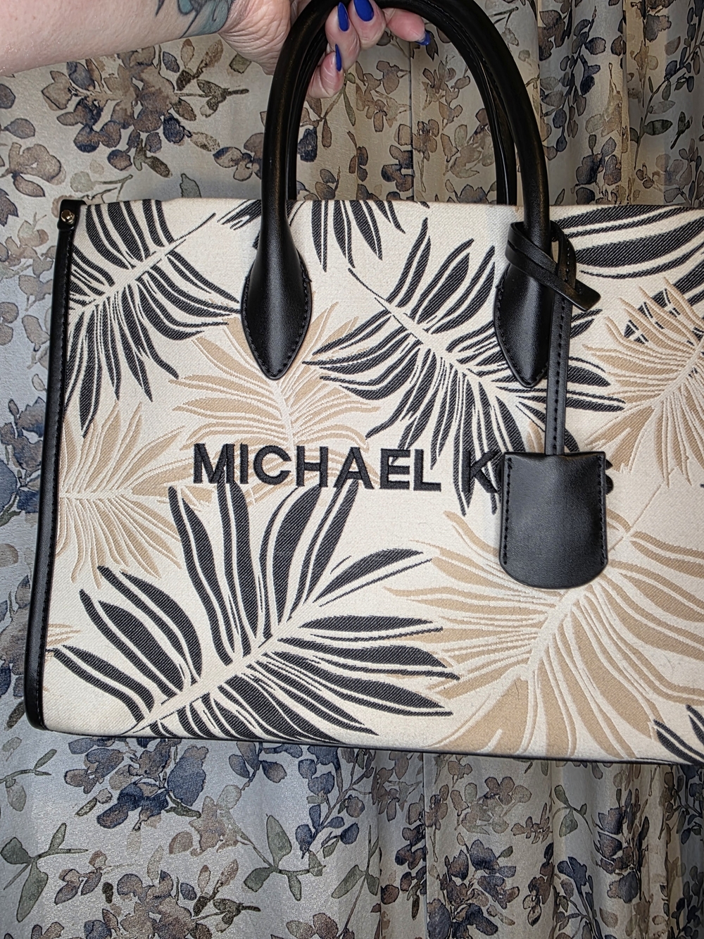 Michael Kors Beige & Black Palm-Print Tote Bag